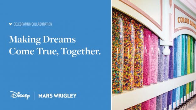 Blue background featuring vibrant tubes filled with candy on the right; Disney and Mars Wrigley logos appear together, spotlighting a magical new partnership unveiled at Disney Parks.