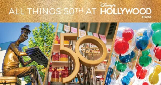 Walt Disney World's 50th Anniversary celebration at Disney's Hollywood Studios, featuring the iconic saxophone statue, shimmering gold 50th anniversary sign, and vibrant Mickey-shaped balloons creating a festive park atmosphere.