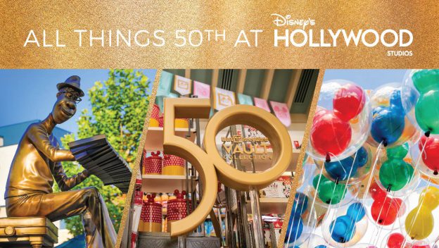 Walt Disney World's 50th Anniversary celebration at Disney's Hollywood Studios, featuring the iconic saxophone statue, shimmering gold 50th anniversary sign, and vibrant Mickey-shaped balloons creating a festive park atmosphere.