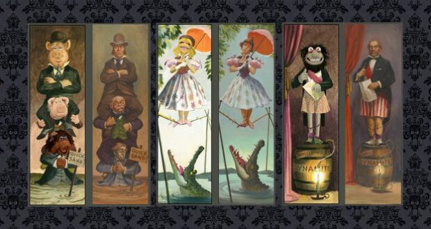 Five towering portraits showcase colorful characters caught in wild theme park-style mishaps, from wrestling alligators to juggling barrels of dynamite, capturing the playful thrill and spooky fun of a Muppets Haunted Mansion attraction.