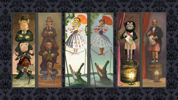 Five towering portraits showcase colorful characters caught in wild theme park-style mishaps, from wrestling alligators to juggling barrels of dynamite, capturing the playful thrill and spooky fun of a Muppets Haunted Mansion attraction.