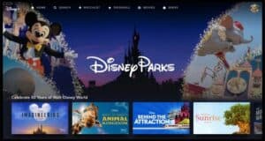 Disney+ homepage highlights the Disney Parks Collection, presenting Mickey Mouse, Cinderella’s Castle, exciting attractions, and covers from movies inspired by the magic of Disney parks.