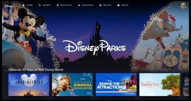 Disney+ homepage highlights the Disney Parks Collection, presenting Mickey Mouse, Cinderella’s Castle, exciting attractions, and covers from movies inspired by the magic of Disney parks.