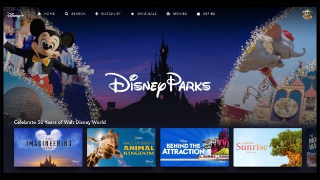 Disney+ homepage highlights the Disney Parks Collection, presenting Mickey Mouse, Cinderella’s Castle, exciting attractions, and covers from movies inspired by the magic of Disney parks.