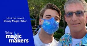Two Disney cast members smiling outdoors; one sports a blue mask with stars. Text on the image reads: Disney Magic Makers, honoring those who bring Walt Disney’s dream to life by joining the cast member family.