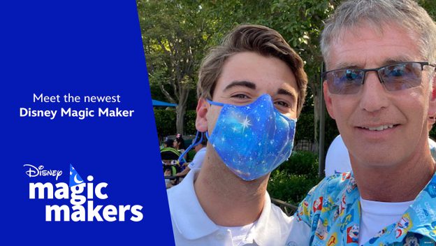 Two Disney cast members smiling outdoors; one sports a blue mask with stars. Text on the image reads: Disney Magic Makers, honoring those who bring Walt Disney’s dream to life by joining the cast member family.