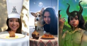 Guests at Disney Resort have fun with Augmented Reality Lenses, showing off a chef hat with Remy from Ratatouille, Lady and the Tramp, and a Maleficent costume—all adding to the signature Disney magic and playful atmosphere.