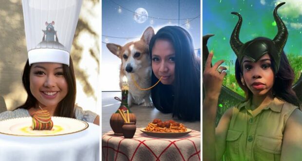 Guests at Disney Resort have fun with Augmented Reality Lenses, showing off a chef hat with Remy from Ratatouille, Lady and the Tramp, and a Maleficent costume—all adding to the signature Disney magic and playful atmosphere.
