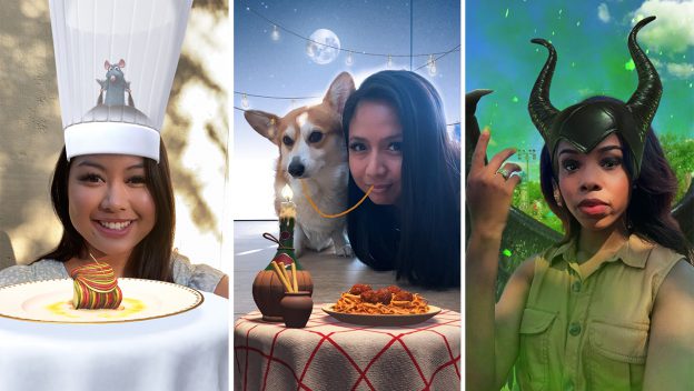 Guests at Disney Resort have fun with Augmented Reality Lenses, showing off a chef hat with Remy from Ratatouille, Lady and the Tramp, and a Maleficent costume—all adding to the signature Disney magic and playful atmosphere.