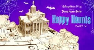 Disney Paper Parks: Happy Haunts Edition—paper model of the Haunted Mansion showcased with "Happy Haunts Part V" on a purple spiderweb-themed backdrop, created in collaboration with Walt Disney Imagineering.