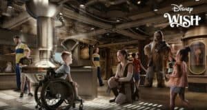 Guests join Chewbacca and Rey aboard the Disney Wish, immersing themselves in a Star Wars spaceship set for interactive adventures with favorite characters.