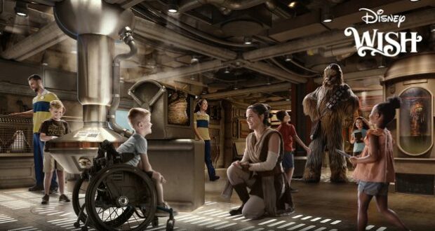 Guests join Chewbacca and Rey aboard the Disney Wish, immersing themselves in a Star Wars spaceship set for interactive adventures with favorite characters.