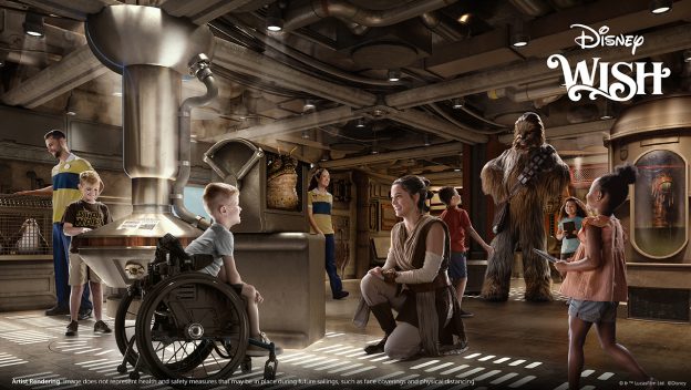 Guests join Chewbacca and Rey aboard the Disney Wish, immersing themselves in a Star Wars spaceship set for interactive adventures with favorite characters.