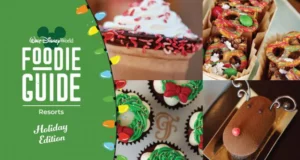 Holiday-inspired Disney treats displayed with festive decorations and the "Foodie Guide Holiday Edition" logo on a green backdrop, capturing the joyful spirit of the season at Walt Disney World.