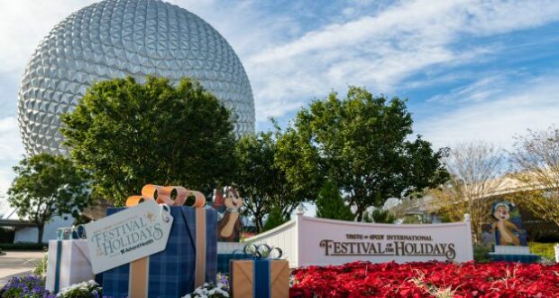 Spaceship Earth towers above cheerful Festival of the Holidays signage, colorful presents, and playful Chip and Dale decorations surrounded by vibrant flowers—an ideal photo spot for Annual Passholders to enjoy exclusive festival discounts and create lasting memories at EPCOT.