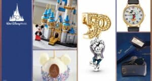 Collage showcasing Walt Disney World’s 50th Anniversary celebration merchandise, including exclusive park-inspired charms, a limited-edition anniversary watch, festive sunglasses styled for the occasion, and themed treats found throughout the resort.