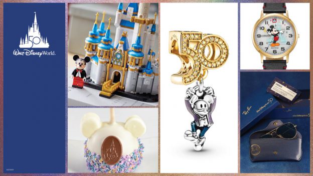 Collage showcasing Walt Disney World’s 50th Anniversary celebration merchandise, including exclusive park-inspired charms, a limited-edition anniversary watch, festive sunglasses styled for the occasion, and themed treats found throughout the resort.