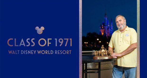 A longtime Cast Member stands proudly beside the iconic Partners statue, with Cinderella Castle glowing in the background, marking five decades at Walt Disney World during its 50th anniversary celebration; "Class of 1971" is displayed in bold text.