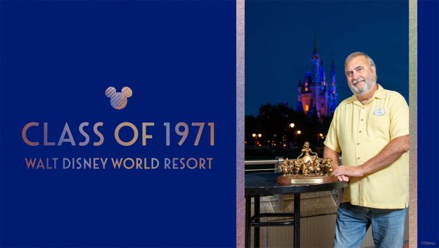A longtime Cast Member stands proudly beside the iconic Partners statue, with Cinderella Castle glowing in the background, marking five decades at Walt Disney World during its 50th anniversary celebration; "Class of 1971" is displayed in bold text.