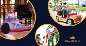 Cinderella welcomes a young guest, Mickey Mouse cruises by in a bright red car, and children enjoy memorable character encounters during the enchanting Disney Cruise Line entertainment experience.