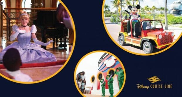 Cinderella welcomes a young guest, Mickey Mouse cruises by in a bright red car, and children enjoy memorable character encounters during the enchanting Disney Cruise Line entertainment experience.