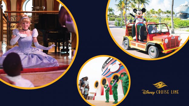 Cinderella welcomes a young guest, Mickey Mouse cruises by in a bright red car, and children enjoy memorable character encounters during the enchanting Disney Cruise Line entertainment experience.