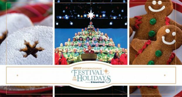 Holiday cookies, classic gingerbread men, and a festive choir set the scene at EPCOT International Festival of the Holidays, with Disney-branded event signs adding extra cheer. Experience the enchantment as celebrity narrators bring the Candlelight Processional to life for a truly unforgettable Disney holiday celebration.