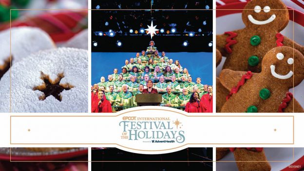 Holiday cookies, classic gingerbread men, and a festive choir set the scene at EPCOT International Festival of the Holidays, with Disney-branded event signs adding extra cheer. Experience the enchantment as celebrity narrators bring the Candlelight Processional to life for a truly unforgettable Disney holiday celebration.