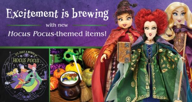 Hocus Pocus Sanderson Sisters dolls, exclusive Hocus Pocus merchandise, and promotional text for new arrivals displayed on a purple backdrop perfect for Disney Parks fans.