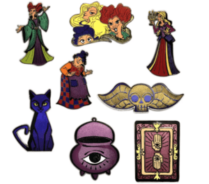 Nine vibrant cartoon pins featuring the iconic Hocus Pocus witches, a mischievous black cat, a spooky skull, a bubbling potion, and an enchanting mystical card—must-have collectibles for fans looking to celebrate Hocus Pocus at Disney Parks or add magical flair to their theme park pin lanyards.