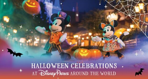 Join Mickey and Minnie at Disney Parks as they celebrate Halloween in vibrant costumes, surrounded by glowing pumpkins, flying bats, and intricate spider webs for a festive atmosphere.