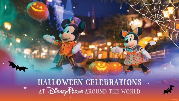 Join Mickey and Minnie at Disney Parks as they celebrate Halloween in vibrant costumes, surrounded by glowing pumpkins, flying bats, and intricate spider webs for a festive atmosphere.
