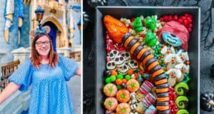 A guest beaming in front of a fairytale castle at a theme park, with a tray filled with vibrant, Tim Burton-themed Halloween snacks and candies inspired by The Nightmare Before Christmas.