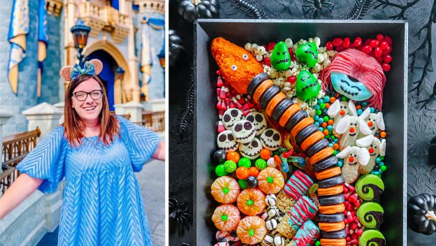 A guest beaming in front of a fairytale castle at a theme park, with a tray filled with vibrant, Tim Burton-themed Halloween snacks and candies inspired by The Nightmare Before Christmas.