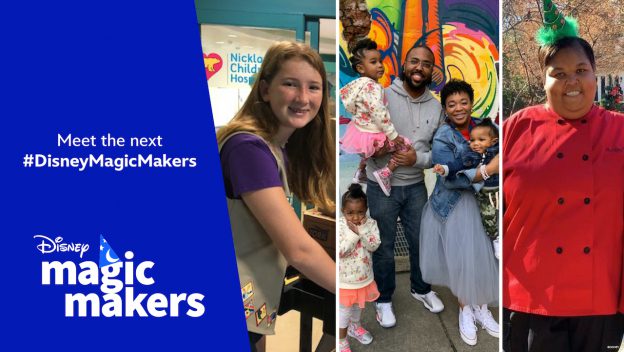 Three photos highlight Disney Magic Makers: a young girl proudly wearing her Disney vest, a joyful family beaming with excitement at a Disney park, and an honored cast member chef in her white coat and green headband—each celebrating the magic behind the scenes.