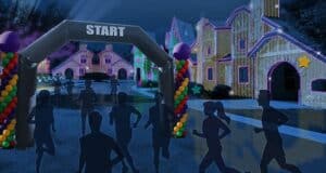 Gingerbread Run participants dash past whimsical, brightly lit holiday cottages inside Give Kids the World Village during a nighttime charity race, their silhouettes outlined by festive lights in a magical theme park setting.