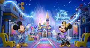 Mickey and Minnie Mouse greet guests in front of a vibrant castle, with the "Disney Magic Kingdoms" logo shining above them. They're ready to kick off an unforgettable celebration, offering magical gifts as part of the 50th Anniversary festivities at the park.