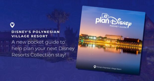 Pocket Guide cover for Disney’s Polynesian Village Resort, highlighting the iconic resort illuminated at dusk with shimmering reflections dancing on the lagoon, inviting guests to experience the magic of Disney’s tropical retreat.