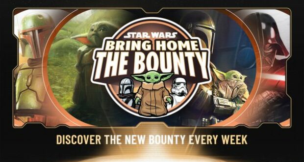 Grogu and other Star Wars favorites join an exciting "Bring Home The Bounty" promotion, showcasing the latest Star Wars merchandise in a theme park-style display. Banner reads: Discover the new bounty every week.