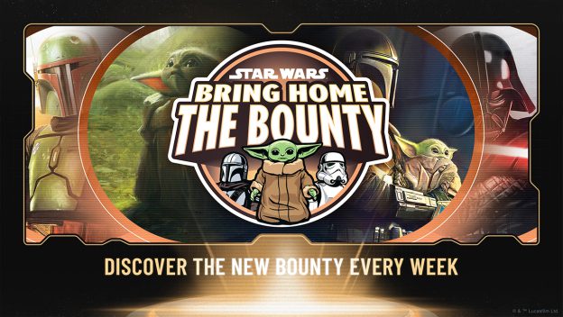 Grogu and other Star Wars favorites join an exciting "Bring Home The Bounty" promotion, showcasing the latest Star Wars merchandise in a theme park-style display. Banner reads: Discover the new bounty every week.