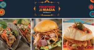 Magia’s newest theme park eats are served up on three colorful plates: piled-high pulled pork tacos bursting with flavor, an epic sandwich stacked with ham and crispy fries perfect for fueling fun between rides, and a golden fish fillet paired with vibrant veggies and savory sauce—all crafted to keep guests energized for their adventure.