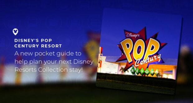 The brightly illuminated Pop Century Resort sign glows against the night sky, capturing the energetic vibe that Disney fans love. Nearby, a sign highlights the Disney Resorts Collection pocket guide—your essential tool for making the most of your magical stay.