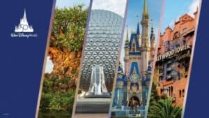 The iconic landmarks of Walt Disney World—Tree of Life, Spaceship Earth, Cinderella Castle, and Hollywood Tower Hotel—shine brilliantly to celebrate the magic and energy of the 50th anniversary, inviting guests into a world of excitement and wonder.