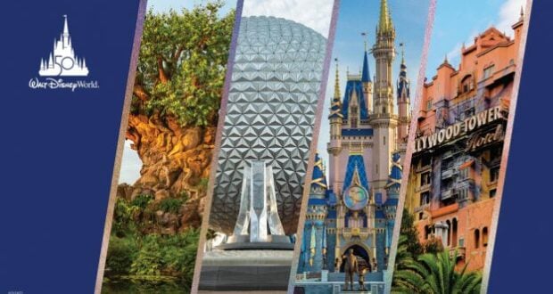 The iconic landmarks of Walt Disney World—Tree of Life, Spaceship Earth, Cinderella Castle, and Hollywood Tower Hotel—shine brilliantly to celebrate the magic and energy of the 50th anniversary, inviting guests into a world of excitement and wonder.