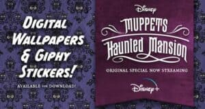 Purple wallpaper promo for "Muppets Haunted Mansion," spotlighting Disney+ streaming and digital download availability. A must-have digital collectible for Disney Parks fans, this vibrant wallpaper brings the magic of the Muppets and the Haunted Mansion straight to your screen—ideal for updating your device before your next Disneyland or Walt Disney World trip.