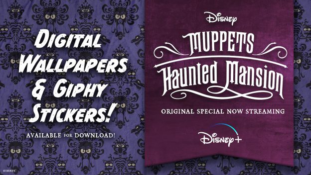 Purple wallpaper promo for "Muppets Haunted Mansion," spotlighting Disney+ streaming and digital download availability. A must-have digital collectible for Disney Parks fans, this vibrant wallpaper brings the magic of the Muppets and the Haunted Mansion straight to your screen—ideal for updating your device before your next Disneyland or Walt Disney World trip.