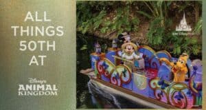 Minnie Mouse and Pluto wave enthusiastically from a vibrant boat during Disney’s Animal Kingdom 50th Anniversary celebration, delighting fans and creating magical photo opportunities throughout the park.