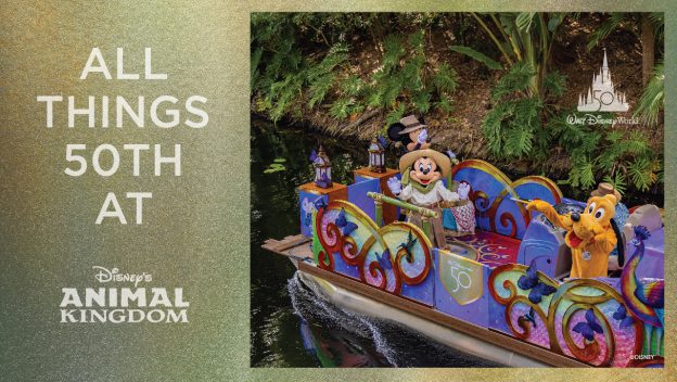 Minnie Mouse and Pluto wave enthusiastically from a vibrant boat during Disney’s Animal Kingdom 50th Anniversary celebration, delighting fans and creating magical photo opportunities throughout the park.