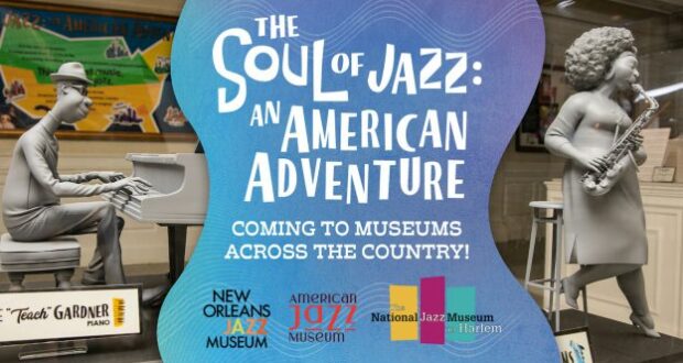 Lifelike statues of jazz musicians greet guests next to a vibrant sign announcing “The Soul of Jazz: An American Adventure—Coming to museums across the country!” in a lively entertainment setting.