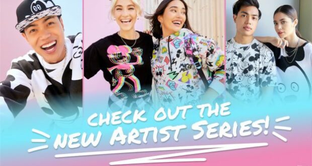 Four guests at the park show off vibrant, cartoon-inspired outfits from the New Artist Series Merchandise collection. A banner displays the message: "Check out the NEW ARTIST SERIES!.